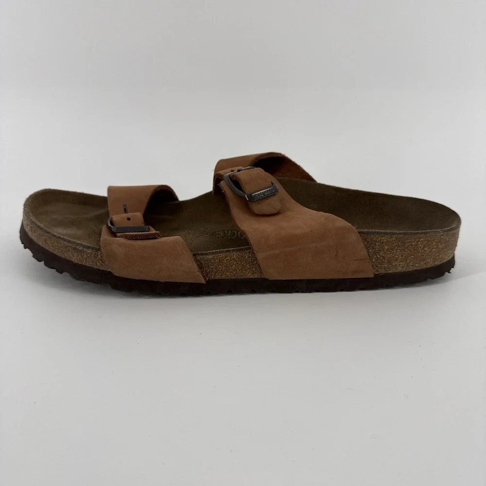 Birkenstock Arizona Sandals Men 42 US 9 Brown Leather 2 Strap Buckle Slides